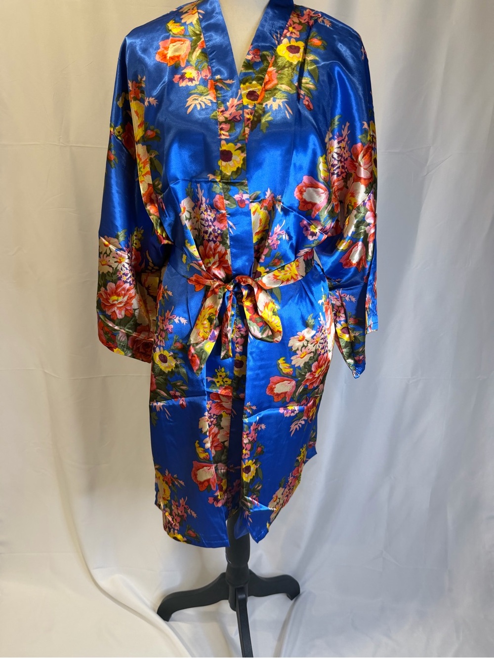 Blue Floral Satin Kimono Robe